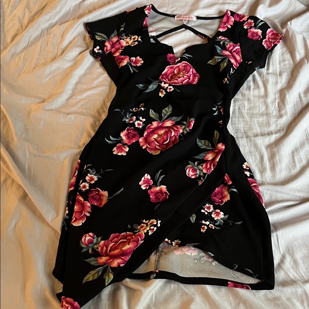 Crave Fame Black Dress with Pink Floral Design
